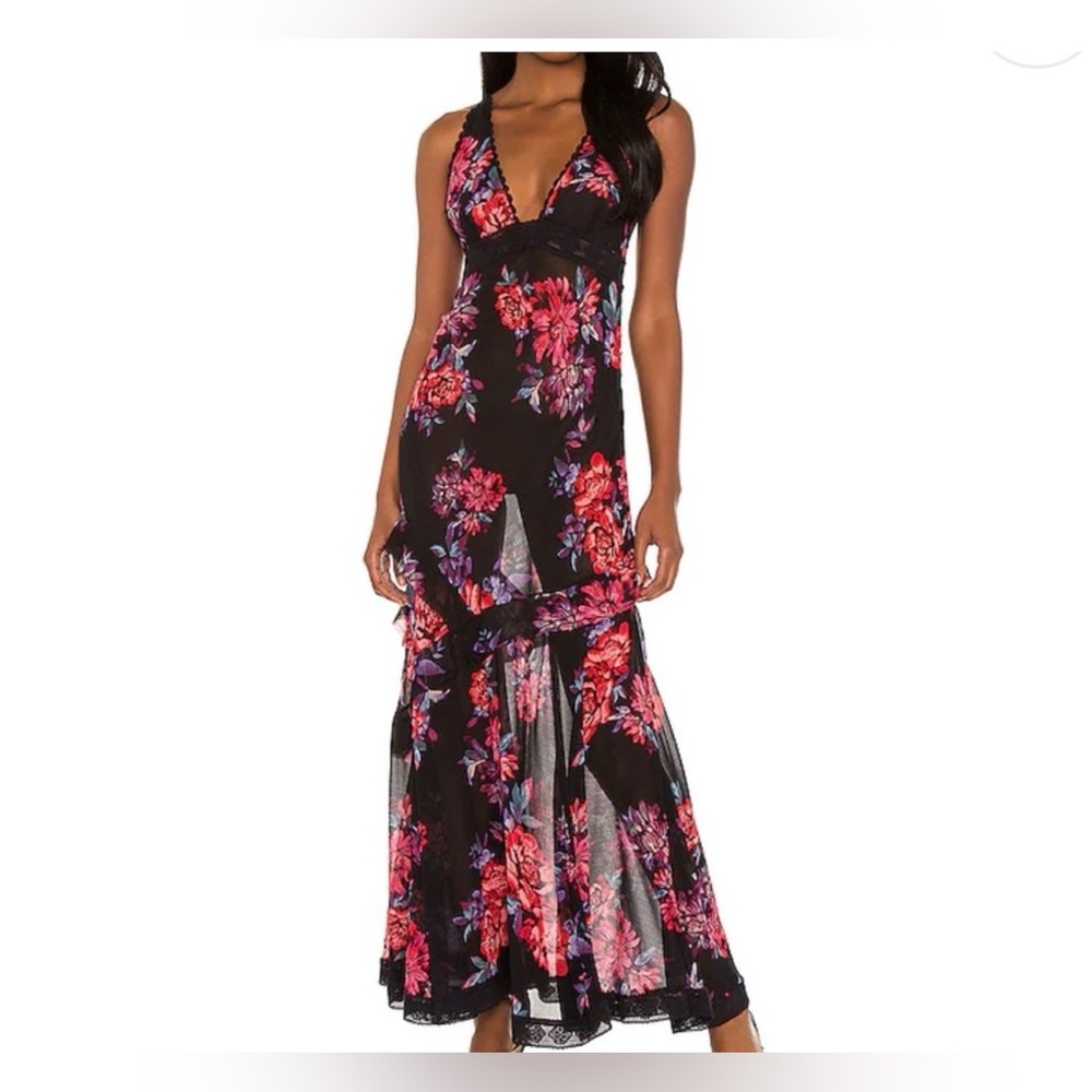 $118 MSRP Free People Intimately Floral Black Maxi Slip Dress w/lace trim sz SM